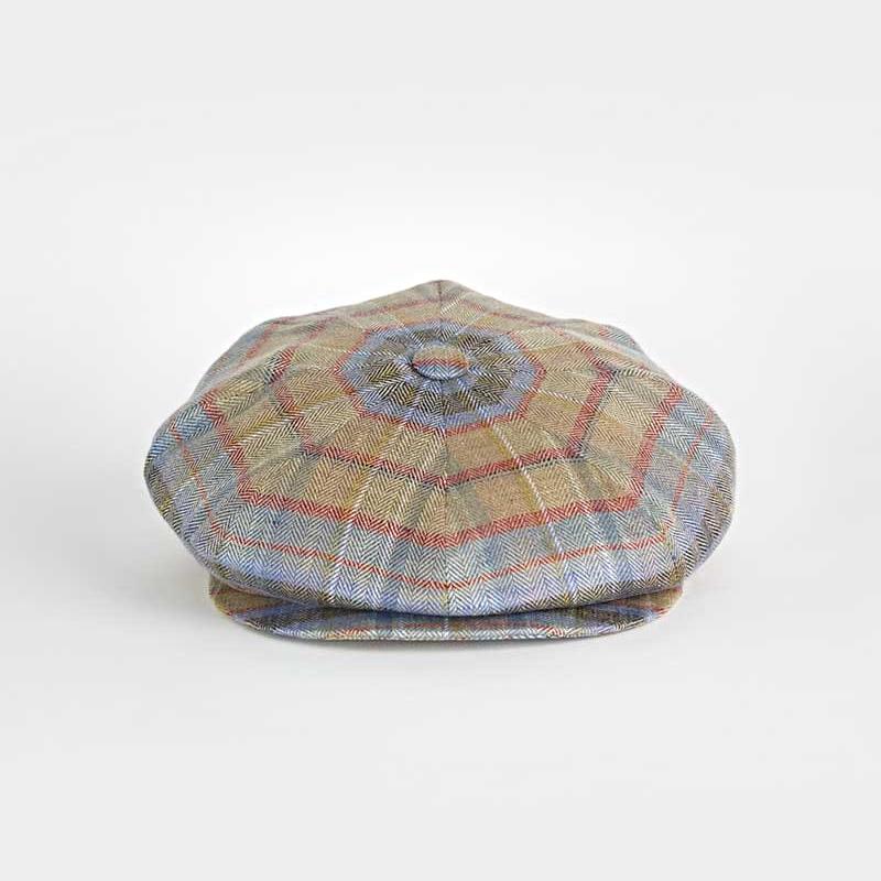 Green Blue Herringbone Check Linen Gatsby Cap