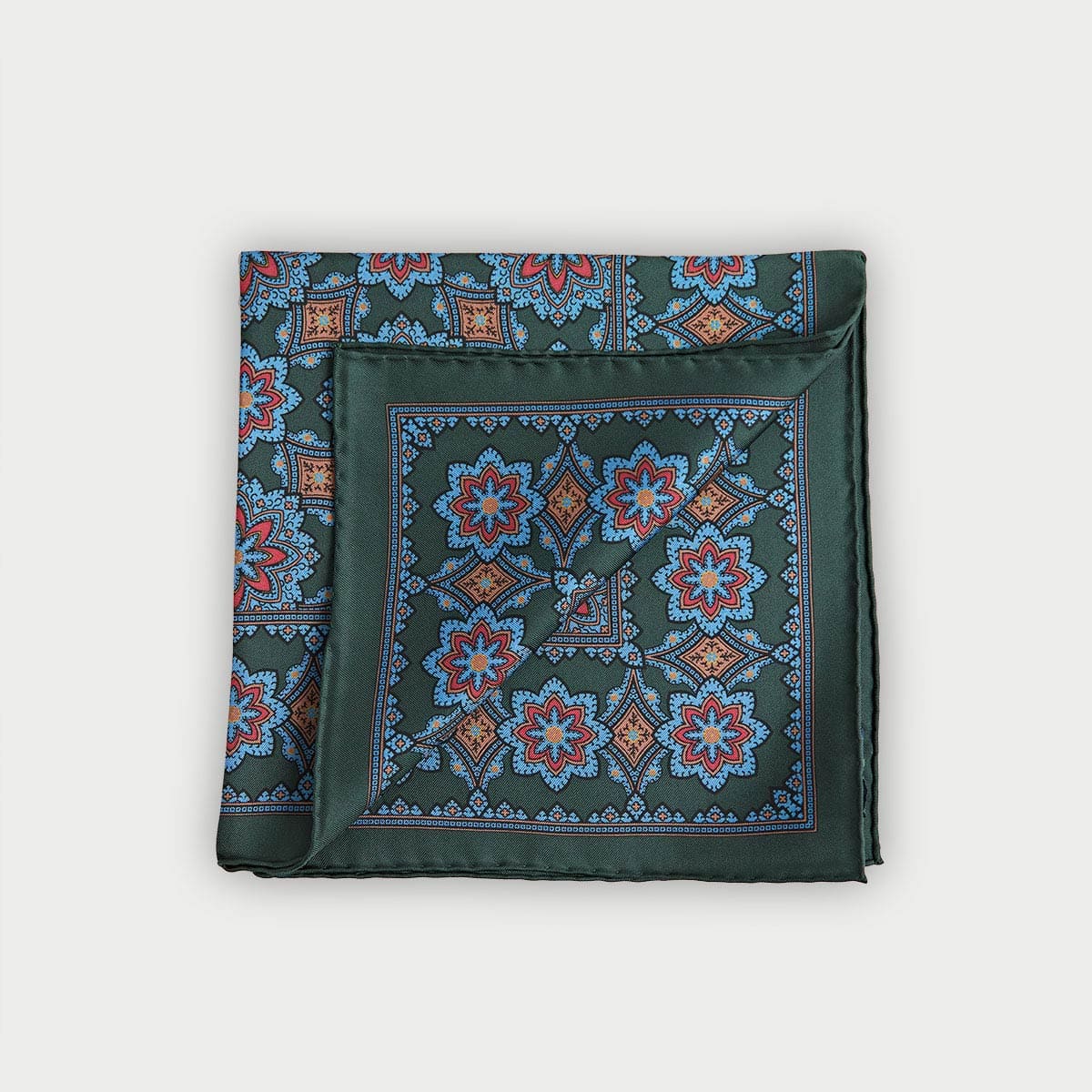 Green Blue Large Floral Silk Pocket Square