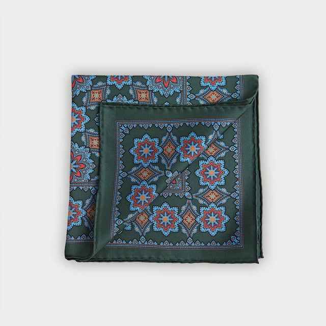 Green & Blue Large Floral Silk Pocket Square