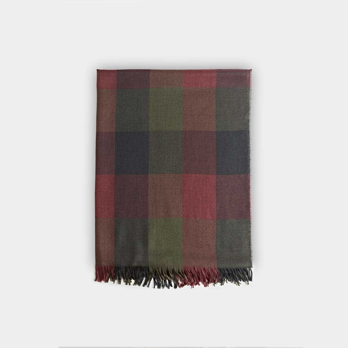 Green Burgundy Large Check Silk Cashmere Scarf