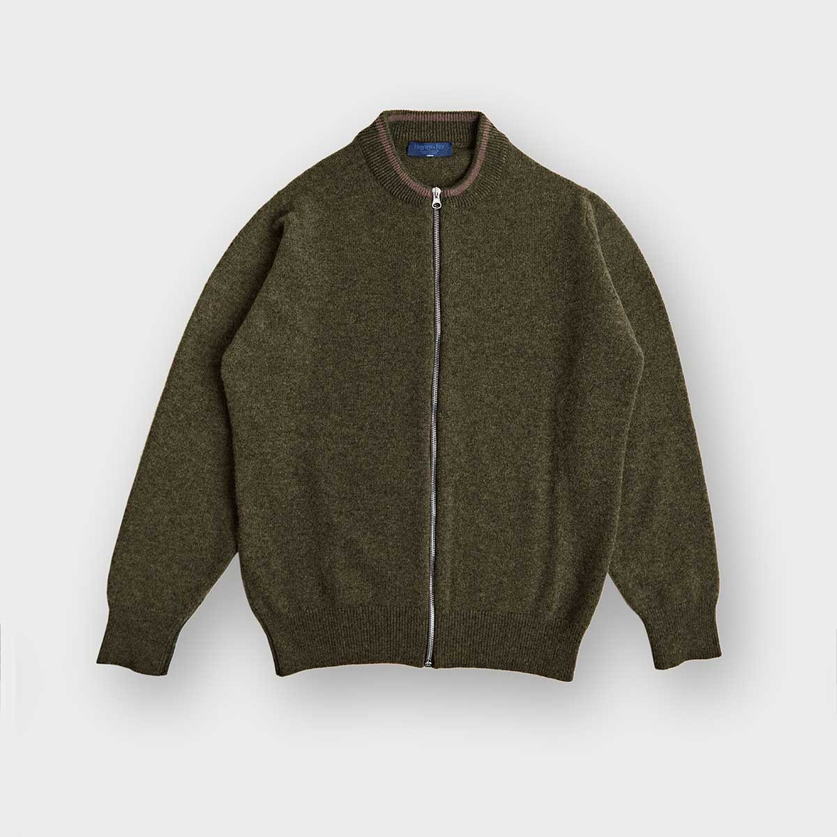 Green Cashmere Baseball Cardigan With Brown Trim