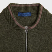 Green Cashmere Baseball Cardigan With Brown Trim