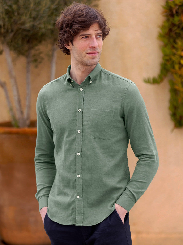 Green Cotton Gauze Shirt With Button Down Collar