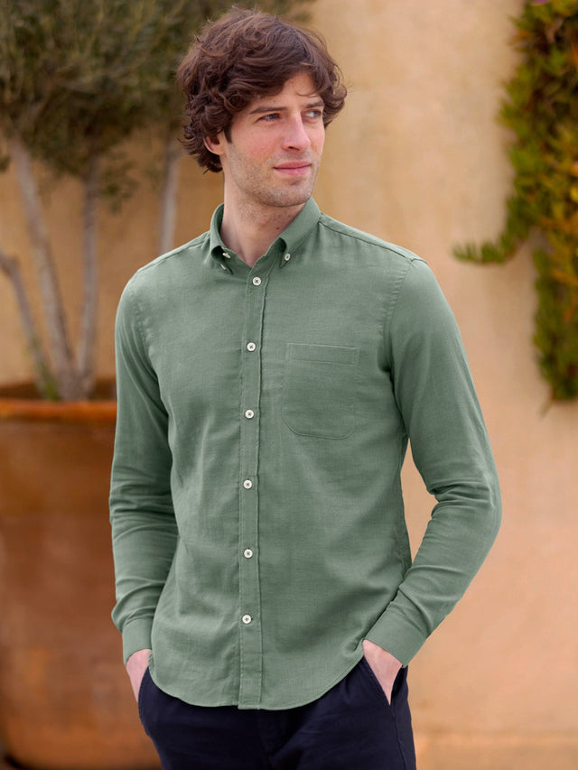 Green cotton gauze shirt with button-down collar