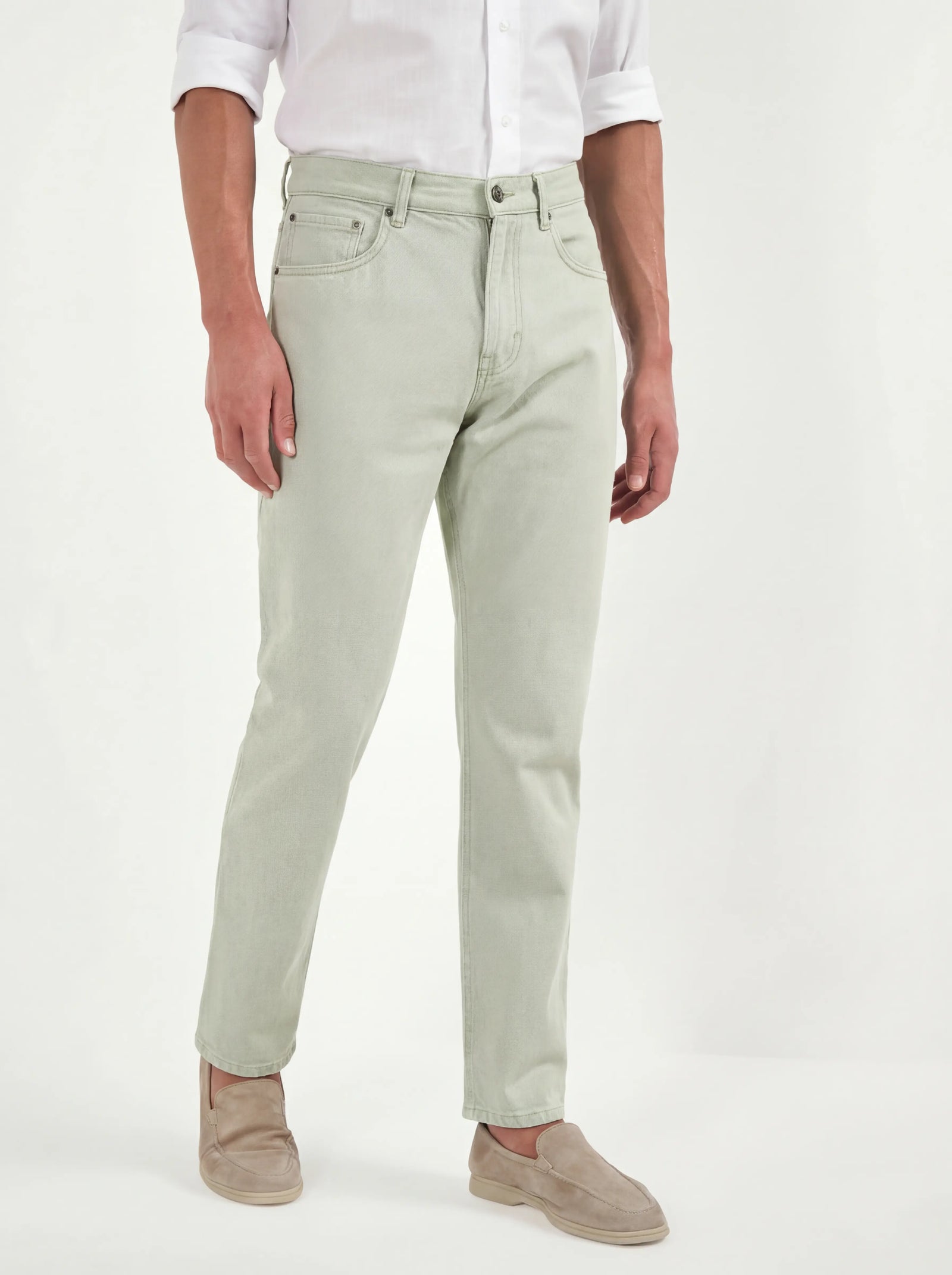 Green Straight Linen Blend Jeans Made In Italy