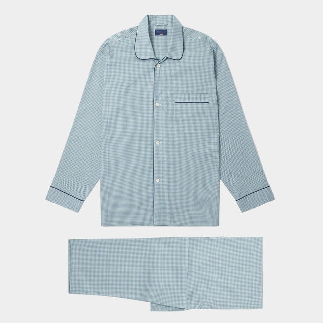 Green & Navy Graph Overcheck Cotton Pyjamas With Navy Piping