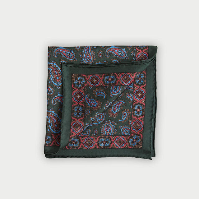 Green Paisley Motif Silk Pocket Square