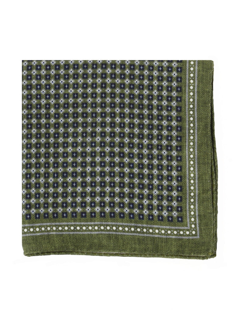 Green Silk Pocket Square With Blue Square Patterns