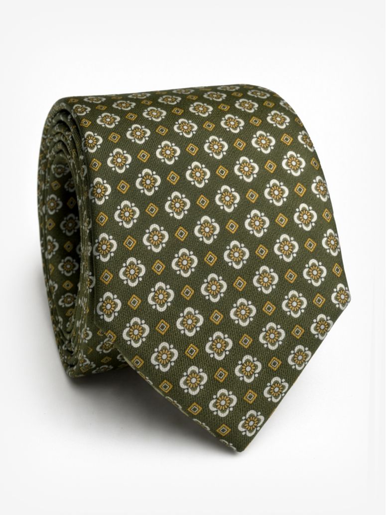 Green Silk Tie With Retro Motifs