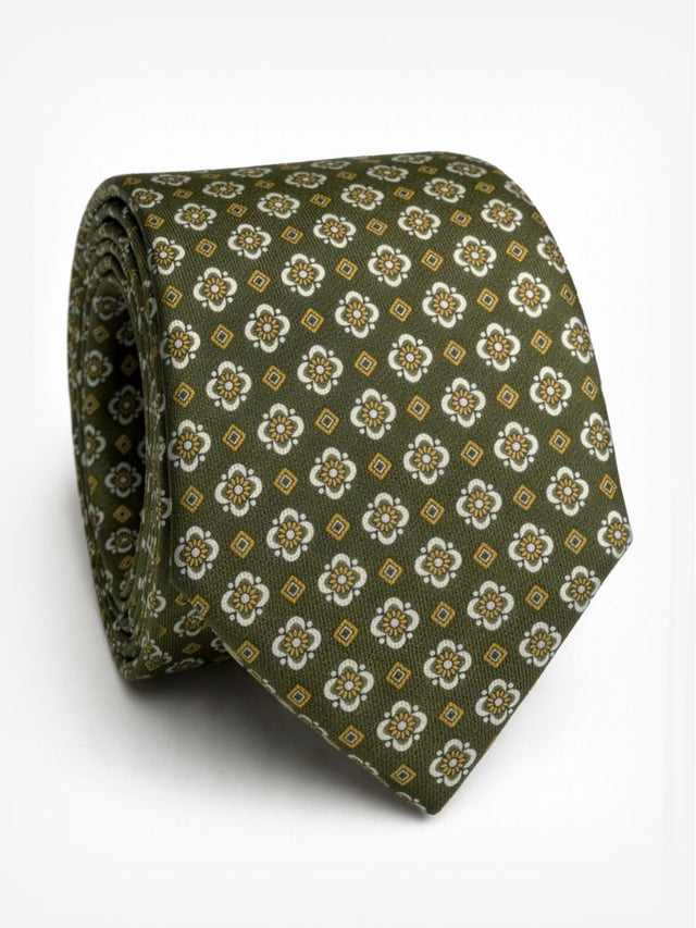 Green Silk Tie with Retro Motifs