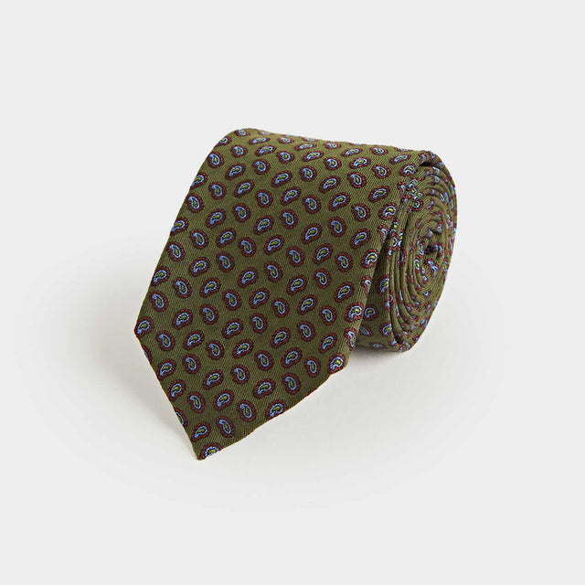 Green Silk Tie With Micro Paisley Motif