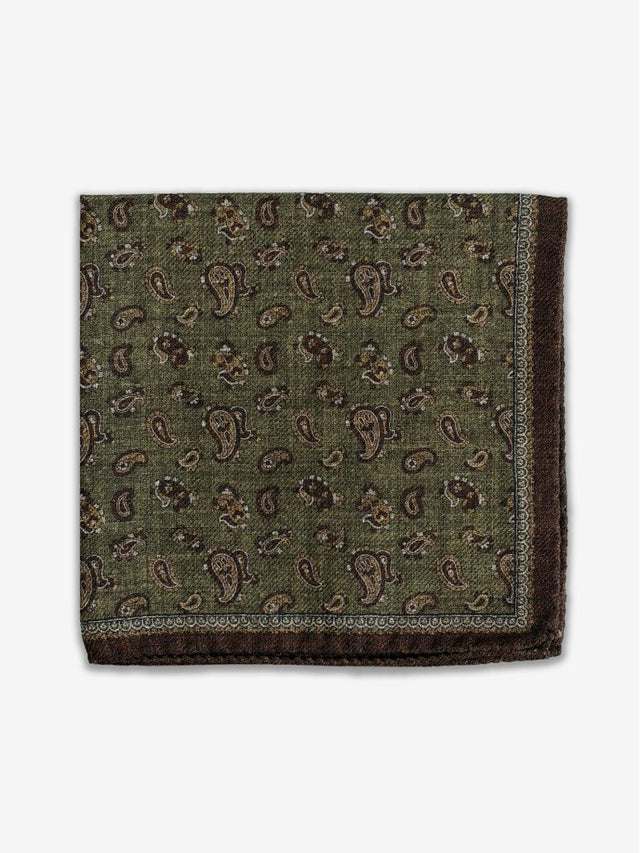 Green wool pocket square with paisley patterns