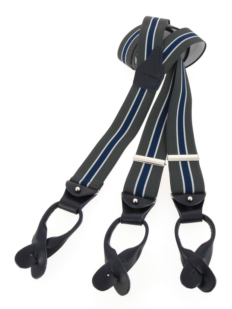 Grey And Blue Striped Button Suspenders For Men