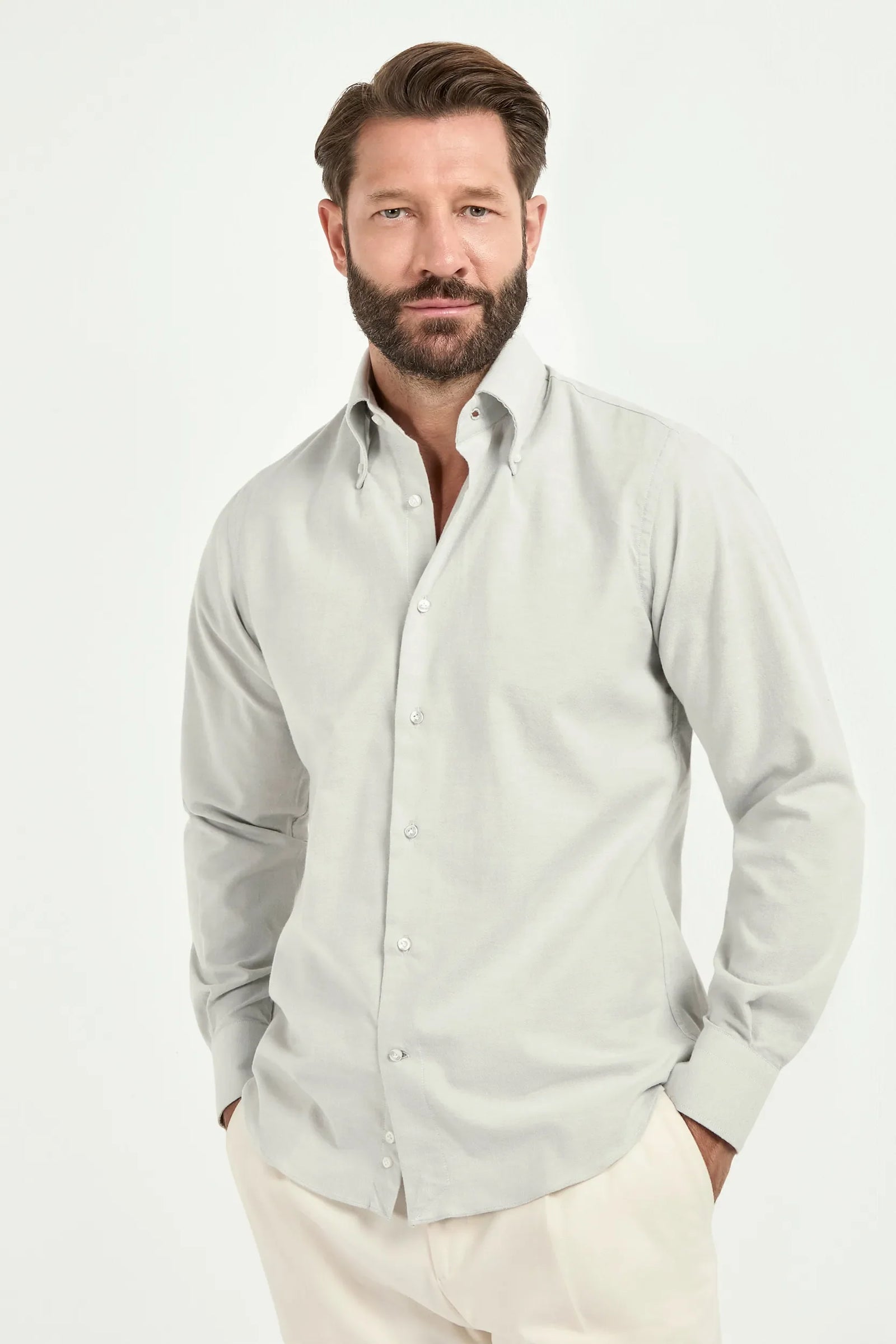 Grey Brushed Cotton Button Down Shirt Made In Italy