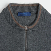 Grey Cashmere Baseball Cardigan With Brown Trim