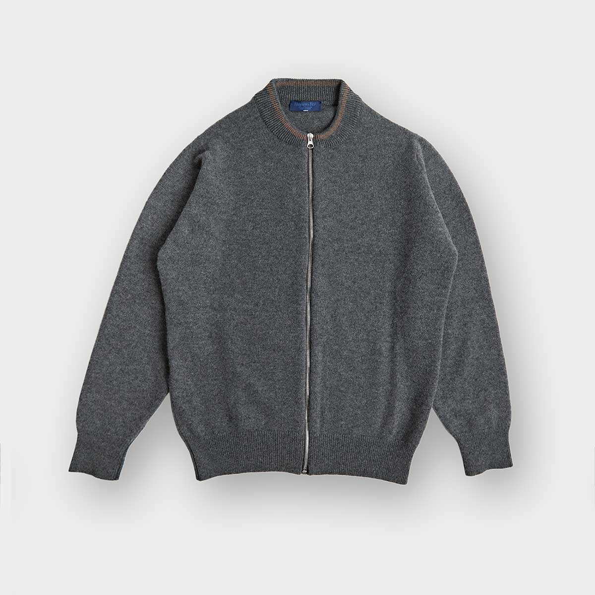 Grey Cashmere Baseball Cardigan With Brown Trim