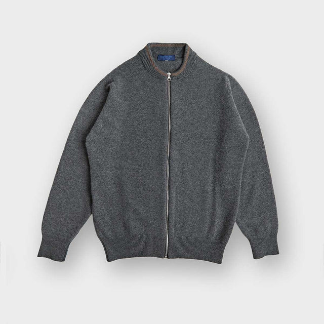 Grey Cashmere Baseball Cardigan with Brown Trim