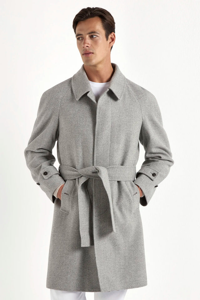 Grey herringbone raglan coat – Made in Italy
