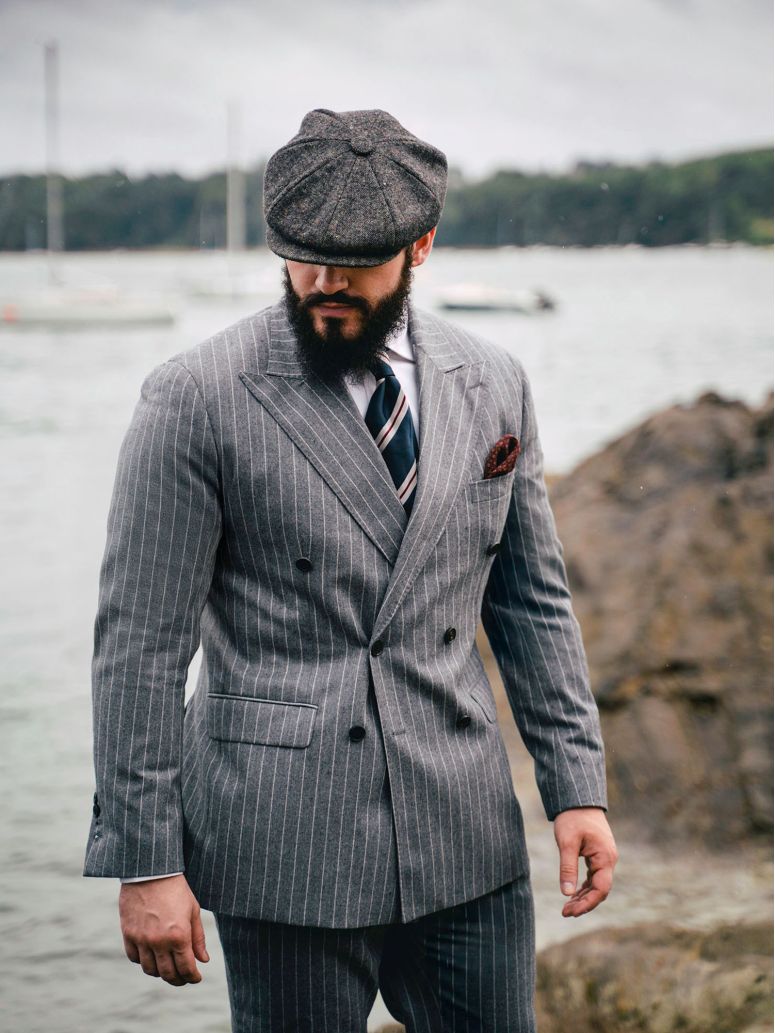 Tregorn Grey Chalk Stripe Double Breasted Flannel Jacket