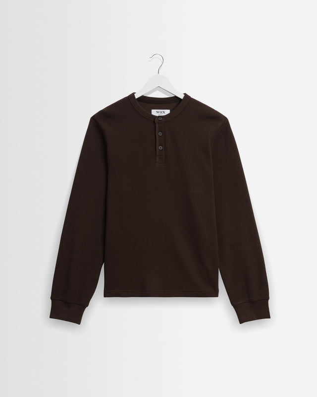 Halton - Dark Brown Waffle Long-Sleeve Henley T-Shirt