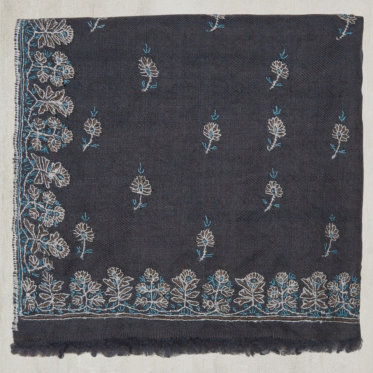 Hand Embroidered Cashmere Pocket Square In Grey