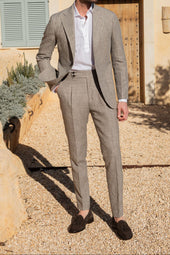Hazelnut Prince Of Wales Wool And Linen Suit Made In Italy
