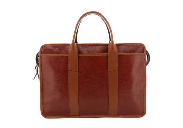 Bound Edge Zip-Top Briefcase - Henna / Cognac Trim - Tumbled Leather