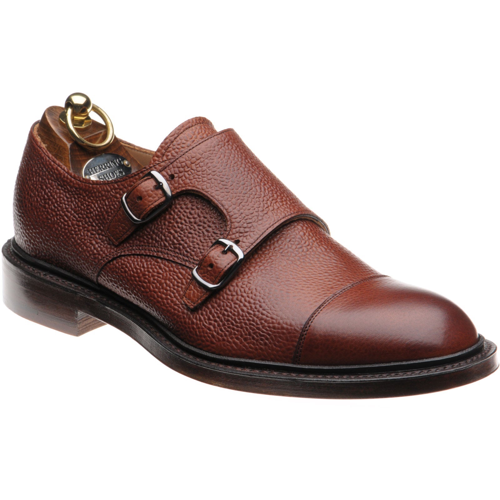 Herring Braybrooke mens double monk shoes in dark leaf grain