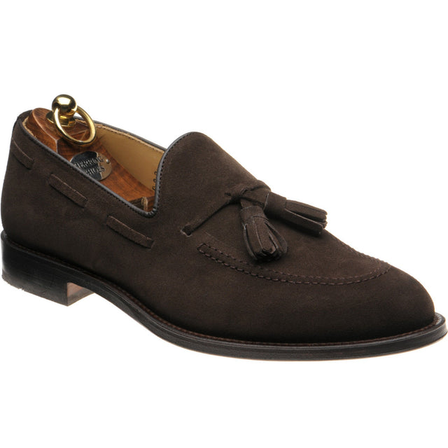 Herring St Davids mens tasselled loafers in dark brown suede