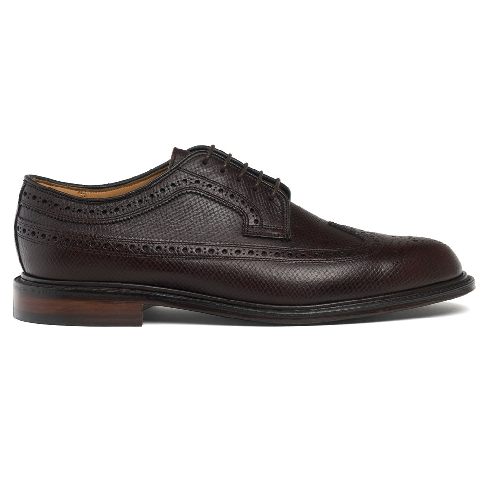 Hoxton Ef Long Wing Derby Brogue In Dark Brown Hatched Grain Leather