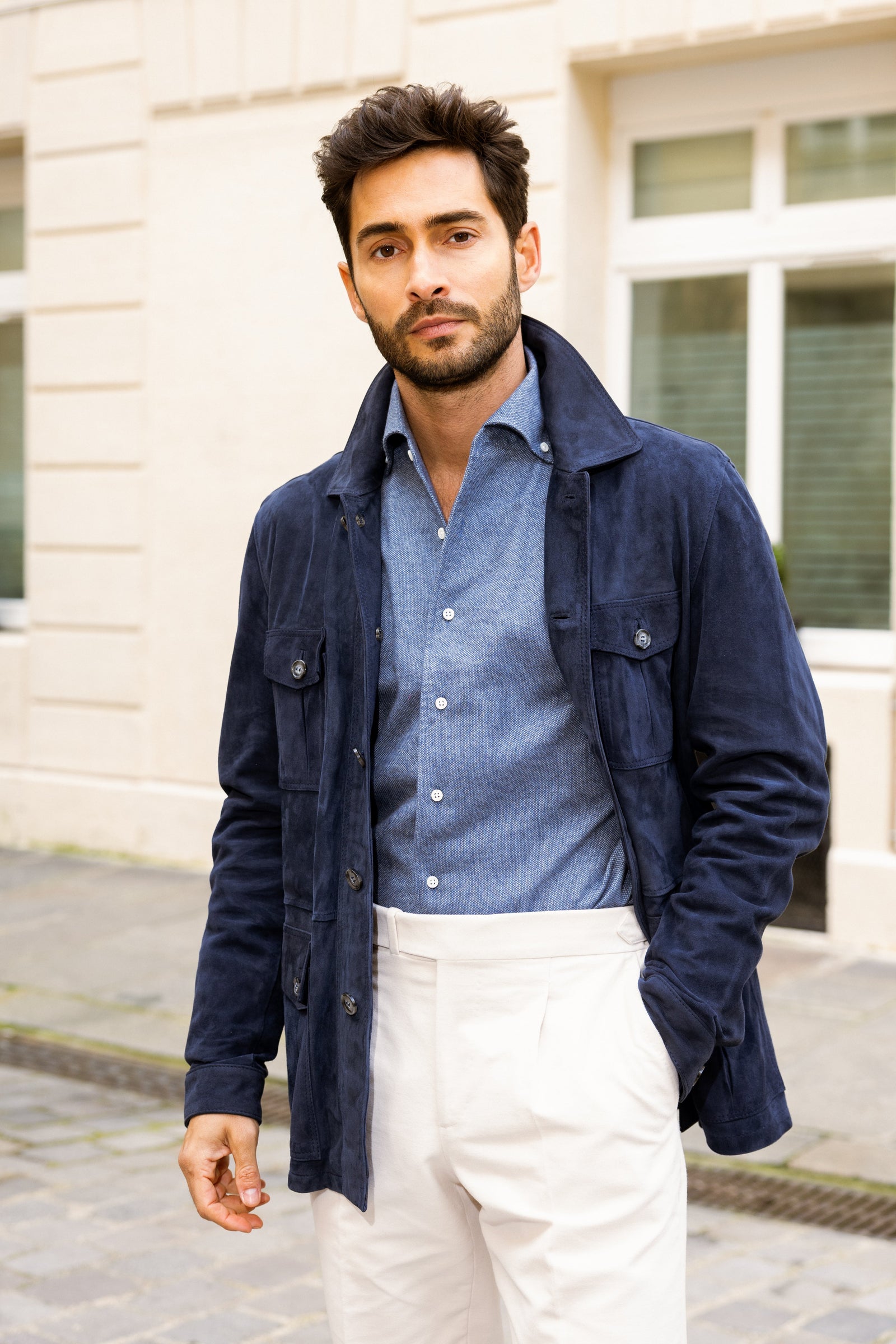 Veste Saharienne En Daim Bleu