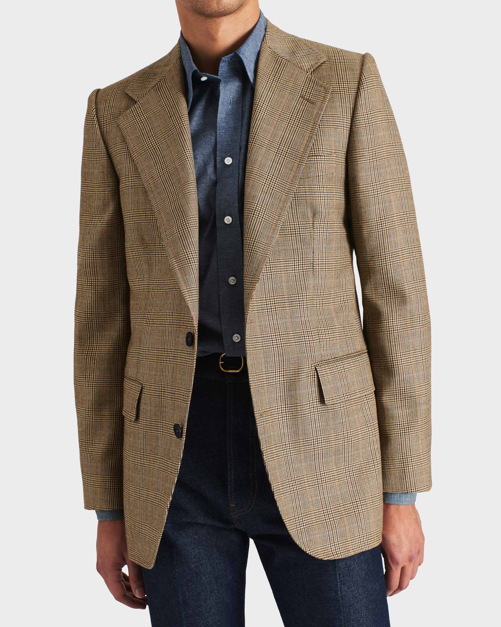 Veste Droite En Serg De Laine Peign E Noir Et Beige Glencheck