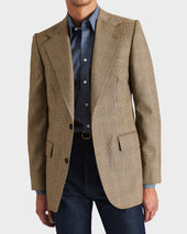 VESTE DROITE EN SERGÉ DE LAINE PEIGNÉE - NOIR ET BEIGE GLENCHECK