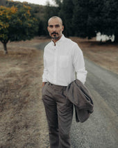The Stevens Trouser In Coffee Linen Herringbone
