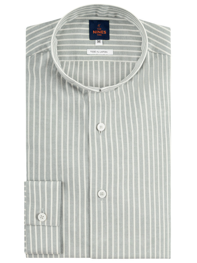 Japanese Oxford Shirt With Reverse Collar Green Striped