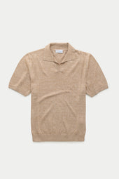 Short Sleeve Linen Cotton Knitted Johnny Collar Polo Wheat