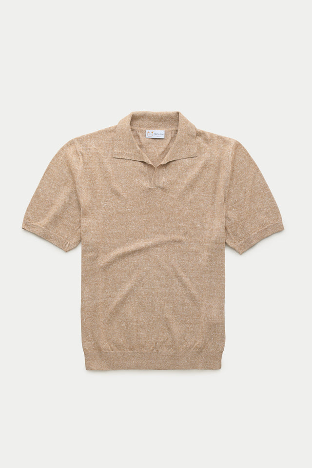 Short Sleeve Linen Cotton Knitted Johnny Collar Polo Wheat