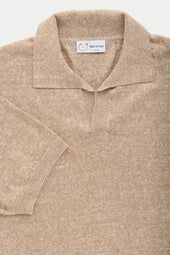 Short Sleeve Linen Cotton Knitted Johnny Collar Polo Wheat