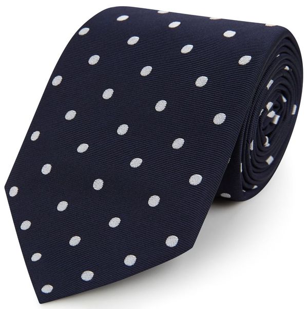 Navy White Churchill Spot Woven Silk Tie