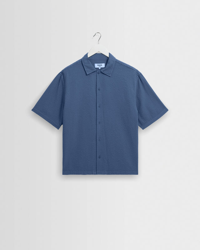 Keats - Blue Cotton Seersucker Short-Sleeve Shirt
