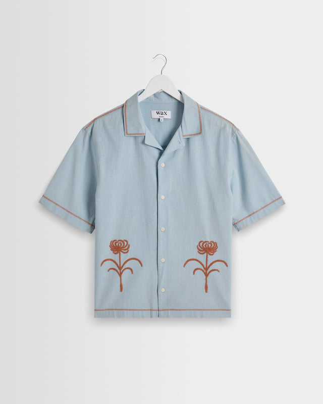 Keats - Light Blue And Rust Embroidered Short-Sleeve Shirt