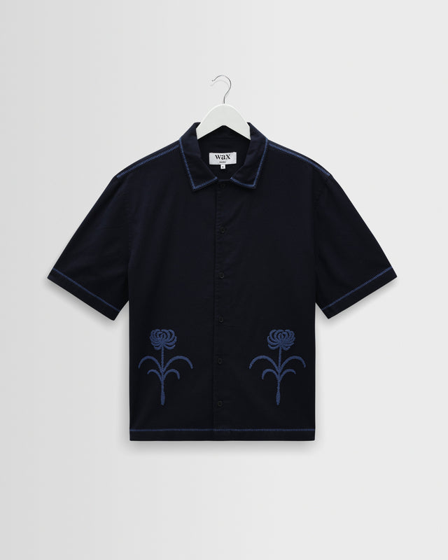 Keats - Navy And Blue Embroidered Short-Sleeve Shirt