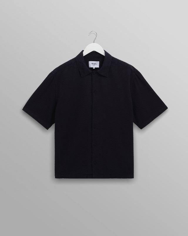 Keats - Navy Cotton Seersucker Short-Sleeve Shirt
