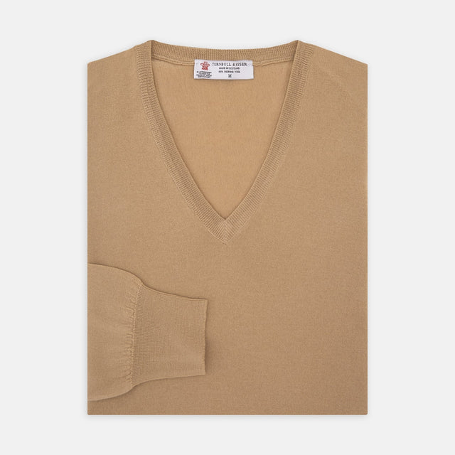 Camel V-Neck Merino Wool Jumper