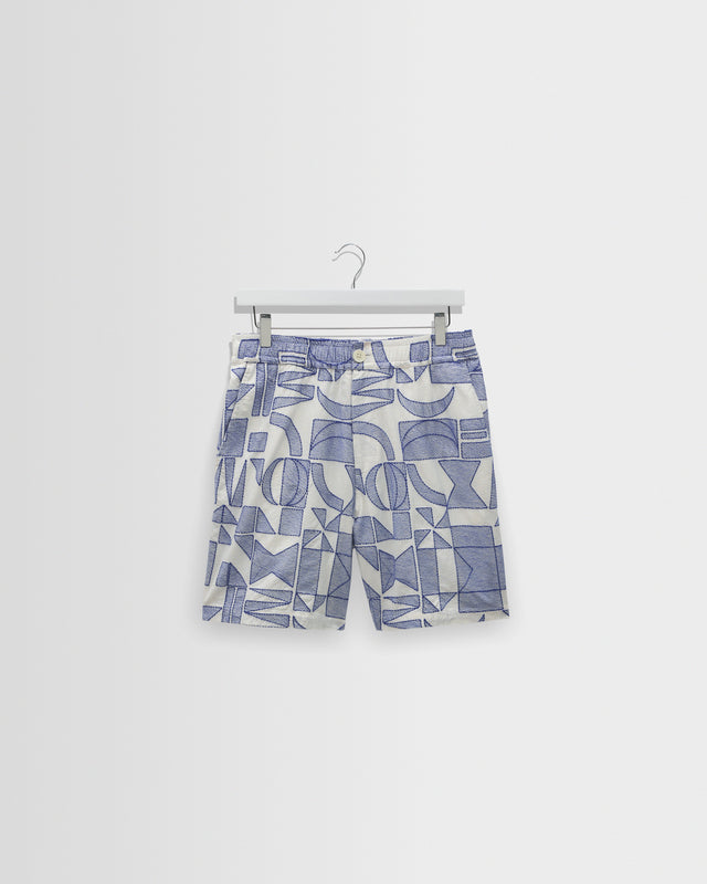 Kurt - Ecru And Blue Geometric Embroidered Shorts