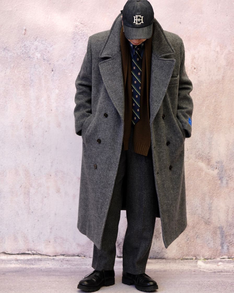 Tweed Peaked Lapel Double Breasted Trench Coat