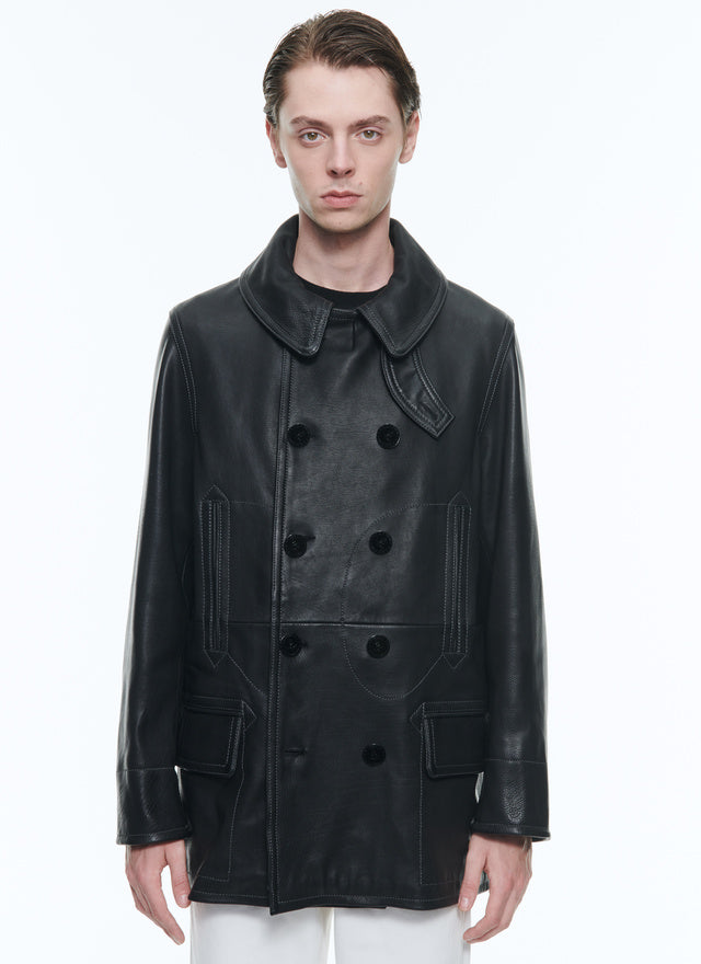 Leather peacoat with topstitching