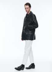Leather Peacoat With Topstitching
