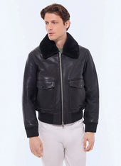 Leather bomber with removable col