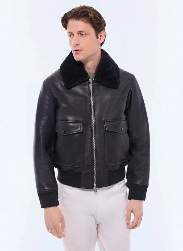 Leather bomber with removable col